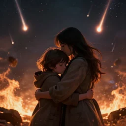 “A family hugging each other for the last time as the world is ending.meteors are falling from the sky. everything is on fire, dramatic lighting, digital art, very very very very very very beautiful, 8K, dark lighting, trending on Artstation, award winning”