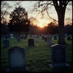 photo of a cemetery at sunset, super 8 footage
