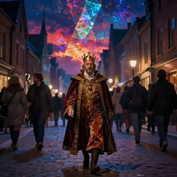 the king in disguise, walking through the crowded streets of the city of blood and prisms, night skies, dramatic light, hyperrealistic, colorful skies, digital art, vray, john atkinson grimshaw, ivan aivazovsky, leonid afremov