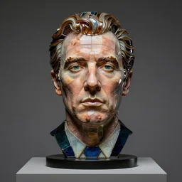studio photograph of postmodern portrait sculpture of timothy dalton, beautiful symmetrical!! face accurate face detailed face realistic proportions, made of stained glass and silicone on a pedestal by ron mueck and matthew barney and greg rutkowski, hyperrealism cinematic lighting shocking detail 8 k