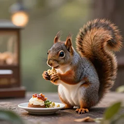 a award winning photo of a squirrel having lunch at an squirrel hotel, volumetric light effect
