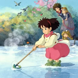 a wholesome animation key shot of a girl ice fishing, studio ghibli, pixar and disney animation, sharp, disney concept art watercolor illustration by mandy jurgens and alphonse mucha and alena aenami, pastel color palette, birds, bloom, cold breath, dramatic lighting, cold
