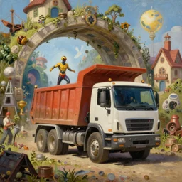 classic oil painting, a dump truck super hero entering a portal to a magical place, as a dnd character, magical construction site setting, cottagecore, highly detailed, digital illustration, concept art, smooth, sharp focus, art by greg hildebrandt, and tim hildebrandt