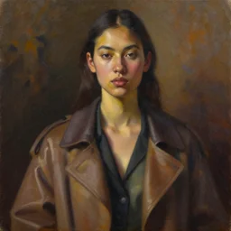 detailed portrait in feminine identity, ethnic, realistic face sculpted features, statuesque model, modern fashion, street outfit with layered look, structured jacket, warm glow, lush, bathed in light, chiaroscuro, specular highlights, angular impressionism, radiosity, natural color scheme, deep rich tones, contemporary art, oil on canvas