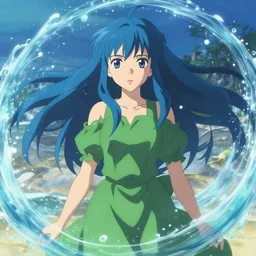 makoto shinkai, ilya kuvshinov, beautiful anime woman with green dress, very long blue hair, water powers water swirling, symmetrical face, symmetrical eyes, detailed, beach setting, cinematic lighting