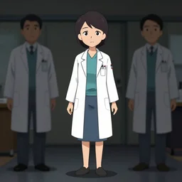 full body character design, realistic preparations, japanese scientists woman, simplified cartoon character by cartoon network. dark lighting, lowkey lighting