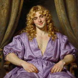 beautiful portrait painting of the sun god Edward Elric with long curly blond hair, voluptuous young man wearing a wispy lilac silk dress smiling sleepily at the viewer, symmetrically parted curtain bangs, in love by J.C Leyendecker and Norman Rockwell