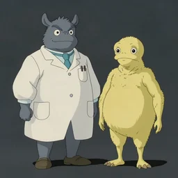 hyperrealist cell - shaded studio ghibli cartoon of a grey scientist and a jaundiced cryptid from howl's moving castle ( 2 0 0 4 ).