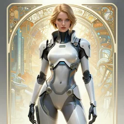 woman wearing cyberpunk clothing in a sci - fi city, high detail, crisp shading, in the style of andree wallin and alphonse mucha