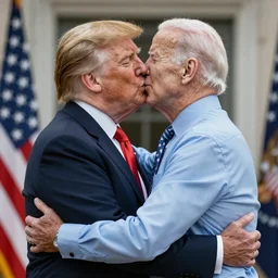 Donald trump embracing Joe Biden, intimate, hyper realistic, kissing, 4k, 8k