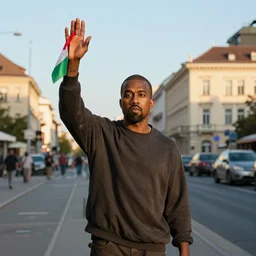 kanye west waving the flag of hungary in a budapest street, high quality photography, golden hour