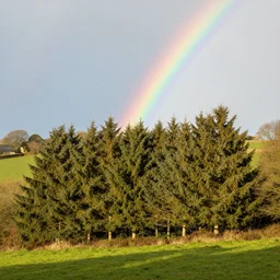 a yorkshire countryside covered with evergreen trees on an afternoon with a rainbow in the clear sky,