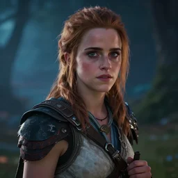 a girl from final fantasy live action, movie still of emma watson, horizon zero dawn, evocative, shallow depth of field, mystical night, very very very very detailed, award winning, masterpiece digital painting by greg rutkowski, alex grey, artstation, 4 k wallpaper