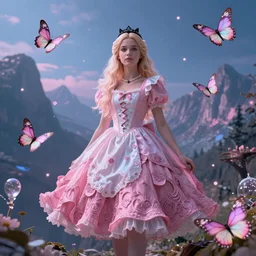 alice in wonderland, fantasy, octane render, 4k, mystery, cinematic, high detailed, intricate, pink and blue hues, magical, butterflies flying, mountains on the background