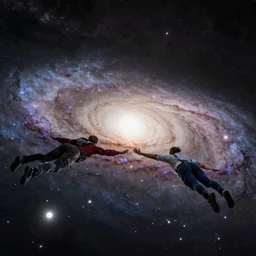 two people flying across the andromeda galaxy.