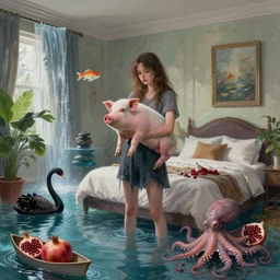 tall emo girl holding a pig in her flooded bedroom, pomegranates, octopus, houseplants, luxury apartment bedroom interior design, art on the walls, surreal photography, fish, zen, waterfall, black swans, canoe, berries, surrealist, digital painting, artstation