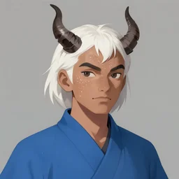 concept art painting of a tan person with short white hair, demon horns, white freckles, and blue robes, detailed, cel shaded, in the style of ruan jia and artgerm and makoto shinkai and james gurney