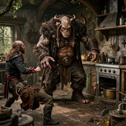 british magical hobo breaks into some ork's kitchen and attacks them, 4 k, detailed, real life photo