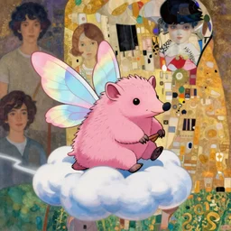 ( ( ( pink armadillo with fairy wings riding on a small cloud ) ) ), alphonse mucha, anime, luis royo, magali villeneuve, donato giancola, wlop, krenz cushart, hans zatka, klimt,