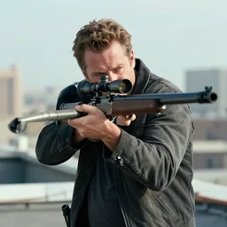 Film still of Mike Ehrmantraut aiming with a sniper rifle on a rooftop, 4k, highly detailed