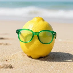 an alive lemon with green glasses in the beach, google parti resolution, google parti quality