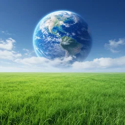 green grassfield on a planet, cinematic perspective, blue earth-like planet in the clouds above, daylight, blue sky, detailed, 4k, Artstation