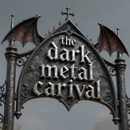 3d sculpt of a gothic iron archway sign for a heavy metal inspired circus called 'the dark metal carnival' with bat wings, artstation, digital illustration