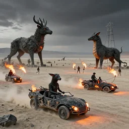 burning man black rock desert with anthropomorphic animals, art cars, fire spinners, and art structures, by hieronymus bosch, ultra detailed, highly detailed, 8 k, trending on artstation, award - winning art,