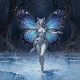 an elegant butterfly priestess made of shattered hopes and mystical dreams, grimdark fantasy painting of a cosmic butterfly on a shadowed forest background. a fursona of a butterfly goddess dancing on a frozen lake in the darkness void realm. a fantasy painting in pastel inks, by wayne reynolds, by carl critchlow