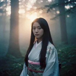 portrait bust of woman, haruka fukuhara, film grain, kodachrome, dense forest, long hair, classic kimono, heavy fog, backlit, princess mononoke, 4 k, greg rutkowski, shallow depth of field, dramatic lighting, sunset, hayao miyazaki, masashi ando, nizou yamamoto, kazuo oga