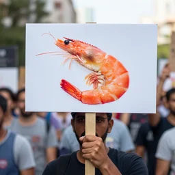 a protestor holding a sign with a picture of a shrimp