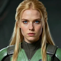 photography of a female jedi with perfect face, long blonde hair, blue eyes, a green pale mechanic outfit, she have three little scars parallel and of the same size on her forehead, focus, star wars legends, science fiction, intricate, highly detailed, digital painting, artstation, concept art, matte, sharp focus, illustration, art by artgerm and greg rutkowski and alphonse mucha