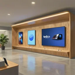 2 0 3 0 s flagship retail interior. experience. telco digital screens phones. wood, polished concrete, neon, ceiling spots. plants. samsung microsoft apple nike adidas tesla muted colors!!!!!!!!!! digital painting by studio ghibli hayao miyazaki