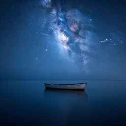 “lonely boat in a calmed sea at dawn Milky Way dart blue tones clear water cinematic detail hdr”