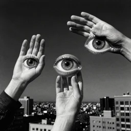 three realistic eyes and hands floating in the sky over a city, high contrast, low key, black and white, vintage poster, film grain