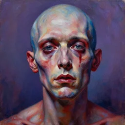 highly detailed and textured painting of a deformed anatomical portrait with dead eyes, emotionally expressive, highly detailed oil painting, soft light 1 6 k, red, blue and purple colour palette, cinematic composition, cinematic lighting, sharp focus, masterpiece by adrian ghenie and jenny saville and james jean,