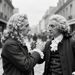 a close - up old black and white photo, 1 9 1 3, depicting isaac newton wearing a big wig fighting gottfried leibnitz wearing a big wig in the streets of paris, rule of thirds, historical record