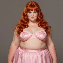 full body portrait of teenage cheryl blossom, obese, bangs, green eyes, sultry, realistic, red hair, sultry smirk, wavy hair, pink skirt, fat, intricate, elegant, glowing lights, highly detailed, digital painting, artstation, concept art, smooth, sharp focus, illustration, art by wlop, mars ravelo and greg rutkowski
