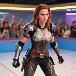 angry scarlett johansson wearing scrap armour as battle angel alita, participating in rollerball area, crowds cheer in the background, afro samurai manga style, pencil and ink, full body pose, movement effects, dramatic lighting,