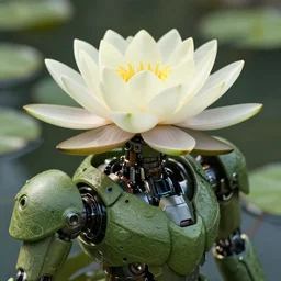 amphibious nymphaea waterlily combat mecha textured like water lettuce whose head and top half is shaped like nymphaea flower, cinematic lighting, petals being robotic limbs, waterlily pads, biomechanical, hyperdetailed, bandai box art, 8 k hd resolution, behance hd, floral inlay, artstation. # power armor # pistia # gouf # waterlily # nymphaea