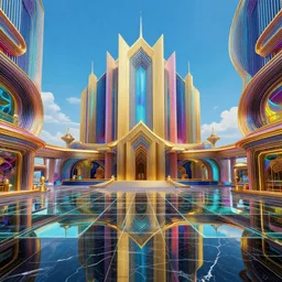 a dreamy very large cybertronic temple, mc escher, black marble floors with, glass mirrors, hyper realistic art, in the style of national geographic, 4 k, hyper realistic, coherent design, symmetrical, vivid colour, trending on art station, in the style of pi - slices, complementary colour, golden ratio, detailed, sharp lines, intricate, rainbow shift, in unreal 3 d engine, ray tracing, octane render