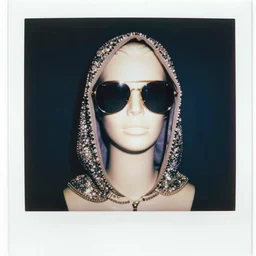 super awesome head to shoulder portrait colored polaroid film photograph of a vaporwave mannequin wearing aviator shades. wearing bling from the hood. super classy. stylish. super resolution. extremely detailed. polaroid 6 0 0 film. by annie leibovitz and richard avedon