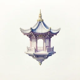 centered on watercolor paper, paint brush strokes, watercolor painting of a hovering miniature shrine, enchanted, iridescent and ethereal, in a starry night landscape, perspective, oriental, cinematic light, in the style of noriyoshi ohrai