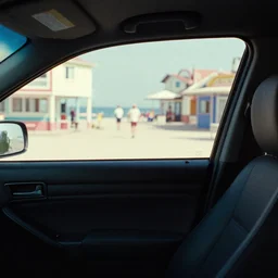 fuji 5 0 r ; 3 5 mm ronin film still of car interior with front seat side window view like ; in the background projection of beautiful hyperrealistic tilt shift style film still from ronin ( 1 9 9 0 ) beach promenade scene directed by wes anderson, highly detailed, cinematic lighting, 8 k