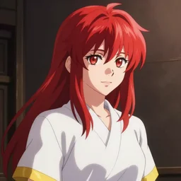 beautiful portrait of hisoka morow, red hair, white shirt with yellow hem, realistic anime, hyper realistic