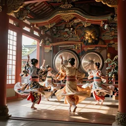 volumetric lighting, flowing shimmering fabrics, emerging gong vibrations ,kimono dancers spinning around gracefully, an ancient male bearded face , inside a small highly detailed interesting traditional Japanese Royal ornate temple , sunlight shines through an open doorway , full colour , upscale , 4k