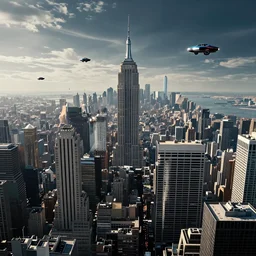 new york futuristic city view from movie the fifth element, skyscrapers and flying cars, panoramic, perspective, horizon