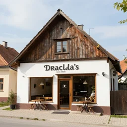 exterior photo of dracula's trendy new coffee shop in a small transylvanian village, architectural photography, 4 k, dslr