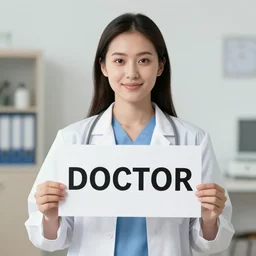 'DOCTOR': A woman holding a sign that says 'DOCTOR'