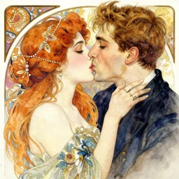 a beautiful watercolor painting of a man kissing a woman, reflexions, verry high details, colorfull, by william turner art, by greg rutkowski, by alphonse mucha, by james jean, by rossdraws, by frank franzzeta, by sakimichan, trending on artstation, very very detailed, masterpiece,